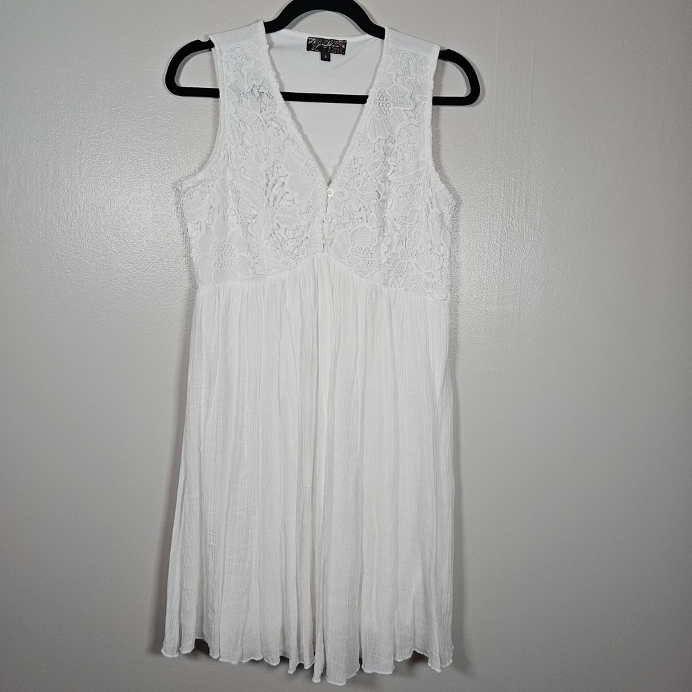 J. Gee Women's White Lace Bodice Crinkle Gauze Sleeveless Mini Dress‎ Small